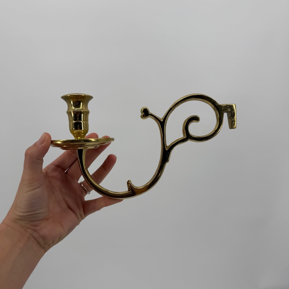 Vintage Solid Brass Scrolled Wall Sconce Taper Candle Holder Polished Gold Tone